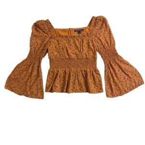 ⭐️ NWT- French Connection brown floral long bell-sleeved smocked blouse- small